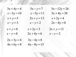 3x+4y=4
x−3y=10
5x−y=7
x−5y=11
5x−12y=26
3x+4y=38
2x+y=13
x−y=2
x+2y=4
2x−4y=0
x+y=8
x−y=8
x+2y=3
2x+4y=6
2x+ y=13
x−y=2
x...