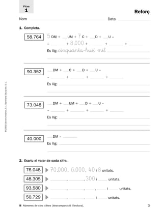 Reforç 
Fitxa 
1 
Nom Data 
1. Completa. 
5 DM  UM  7 C  D  U  
  8.000   
Es llig: cinquantå-hui† mi¬ 
58.764 
DM  C  D  U  
    
Es llig: 
90.352 
L. S. Educación, Santillana 73.048 
DM  UM  D  U  
L./S. Voramar,     
Es llig: 
Edicions 2005 © 40.000 
DM  
Es llig: 
2. Escriu el valor de cada xifra. 
76.048  70.000, 6.000, 40 i 8 unitats. 
48.305  , , 300 i unitats. 
93.580  , , , i unitats. 
50.729  , , i unitats. 
■ Números de cinc xifres (descomposició i lectura). 
3  