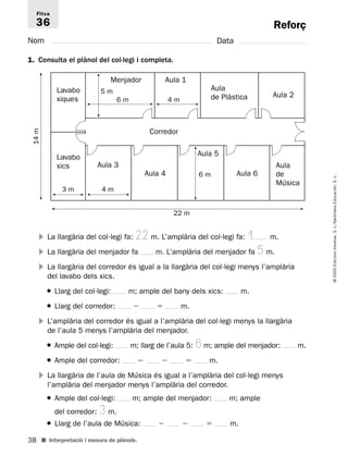 Fitxa 
36 
38 
© 2005 Edicions Voramar, S. L./Santillana Educación, S. L. 
Aula 1 
Corredor 
 La llargària del col·legi fa: 22 m. L’amplària del col·legi fa: 1 m. 
 La llargària del menjador fa m. L’amplària del menjador fa 5 m. 
 La llargària del corredor és igual a la llargària del col·legi menys l’amplària 
del lavabo dels xics. 
● Llarg del col·legi: m; ample del bany dels xics: m. 
● Llarg del corredor:   m. 
 L’amplària del corredor és igual a l’amplària del col·legi menys la llargària 
de l’aula 5 menys l’amplària del menjador. 
● Ample del col·legi: m; llarg de l’aula 5: 6 m; ample del menjador: m. 
● Ample del corredor:    m. 
 La llargària de l’aula de Música és igual a l’amplària del col·legi menys 
l’amplària del menjador menys l’amplària del corredor. 
● Ample del col·legi: m; ample del menjador: m; ample 
del corredor: 3 m. 
● Llarg de l’aula de Música:    m. 
■ Interpretació i mesura de plànols. 
Reforç 
Nom Data 
1. Consulta el plànol del col·legi i completa. 
Lavabo 
xiques 
Lavabo 
xics Aula 
de 
Música 
Aula 
de Plàstica 
Menjador 
5 m 
6 m 
3 m 
14 m 
4 m 
6 m 
22 m 
Aula 2 
Aula 3 
Aula 4 
Aula 6 
Aula 5 
4 m 
 