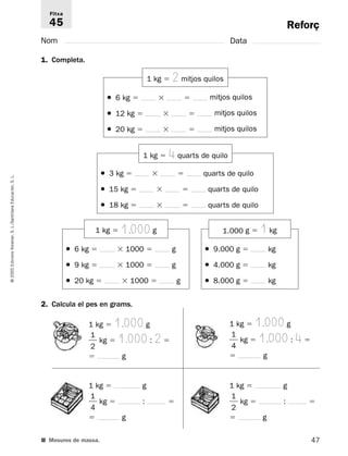 Reforç 
Fitxa 
45 
Nom Data 
1. Completa. 
● 6 kg    mitjos quilos 
● 12 kg    mitjos quilos 
● 20 kg    mitjos quilos 
● 3 kg    quarts de quilo 
L. 
S. Educación, ● 15 kg    quarts de quilo 
● 18 kg    quarts de quilo 
Santillana L./S. Voramar, ● 6 kg  1000  g 
● 9.000 g  kg 
Edicions ● 9 kg  1000  g 
● 4.000 g  kg 
2005 © ● 20 kg  1000  g 
● 8.000 g  kg 
2. Calcula el pes en grams. 
1 kg  1.000 g 
1 kg  1.000 g 
1 
1 
 
 kg  1.000 : 2  
 
 kg  1.000 : 4  
2 
4 
 g 
 g 
1 kg  g 
1 kg  g 
1 
1 
 
 kg  :  
 
 kg  :  
4 
2 
 g 
 g 
■ Mesures de massa. 
47 1 kg  2 mitjos quilos 
1 kg  4 quarts de quilo 
1 kg  1.000 g 1.000 g  1 kg 
 