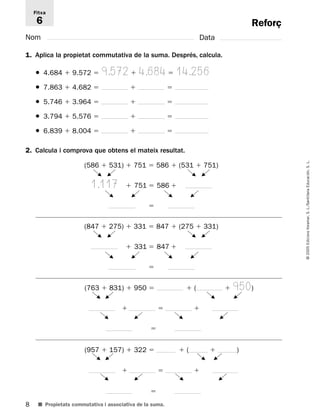 8 
© 2005 Edicions Voramar, S. L./Santillana Educación, S. L. 
Fitxa 
6 
● 4.684  9.572  9.572  4.684  14.256 
● 7.863  4.682    
● 5.746  3.964    
● 3.794  5.576    
● 6.839  8.004    
■ Propietats commutativa i associativa de la suma. 
Reforç 
Nom Data 
1. Aplica la propietat commutativa de la suma. Després, calcula. 
2. Calcula i comprova que obtens el mateix resultat. 
(586  531)  751  586  (531  751) 
1.117  751  586  
 
F 
G 
F 
G 
F 
F 
G 
G 
(847  275)  331  847  (275  331) 
 331  847  
 
F 
G 
F 
G 
F 
F 
G 
G 
(763  831)  950  (  950) 
   
 
FG 
F 
G 
F 
F 
G 
G 
(957  157)  322  (  ) 
   
 
FG 
F 
G 
F 
G 
F 
G 
 