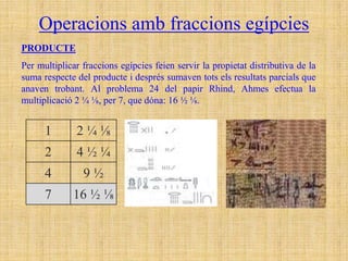 Operacions amb fraccions egípcies
PRODUCTE
Per multiplicar fraccions egípcies feien servir la propietat distributiva de la
suma respecte del producte i després sumaven tots els resultats parcials que
anaven trobant. Al problema 24 del papir Rhind, Ahmes efectua la
multiplicació 2 ¼ ⅛, per 7, que dóna: 16 ½ ⅛.


      1       2¼⅛
      2       4½¼
      4         9½
      7      16 ½ ⅛
 