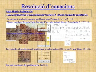Resolució d’equacions
Papir Rhind – Problema 24
«Una quantitat més la seva setena part sumen 19. ¿Quina és aquesta quantitat?».
Actualment resoldríem aquest problema amb l’equació: x + x/7 = 19.
Ahmes resol per Regula Falsi. Parteix d’un valor inicial fals, el 7, i calcula 7 + 7/7 =8.
                                      1     7
                                     1/7    1
                                    1 1/7   8

Per trobar la solució divideix 19 entre 8
                                    1        8
                                    2       16
                                    ½        4
                                    ¼        2
                                    ⅛        1
                                   2¼⅛      19

Per resoldre el problema cal multiplicar el valor trobat, 2 ¼ ⅛, per 7, que dóna: 16 ½ ⅛.
                                   1    2¼⅛
                                   2    4½¼
                                   4     9½
                                   7   16 ½ ⅛
Per tant la solució del problema és: 16 ½ ⅛.
 