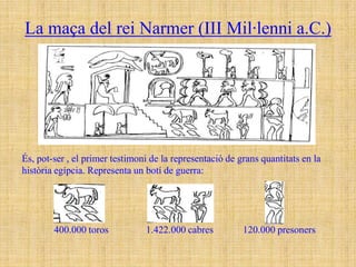 La maça del rei Narmer (III Mil·lenni a.C.)




És, pot-ser , el primer testimoni de la representació de grans quantitats en la
història egípcia. Representa un botí de guerra:




        400.000 toros           1.422.000 cabres          120.000 presoners
 