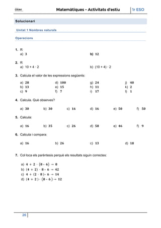 Matemàtiques - Activitats d’estiu 1r ESO
26
Solucionari
Unitat 1 Nombres naturals
Operacions
1. R
a) b)
2. R
a) 10 + 4 · 2 b) (10 + 4) · 2
3. Calcula el valor de les expressions següents:
a)
b)
c)
d)
e)
f)
g)
h)
i)
j)
k)
l)
4. Calcula. Què observes?
a) b) c) d) e) f)
5. Calcula:
a) b) c) d) e) f)
6. Calcula i compara:
a) b) c) d)
7. Col·loca els parèntesis perquè els resultats siguin correctes:
a) – →
b) – →
c) – →
d) – →
 