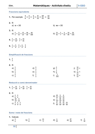 Matemàtiques - Activitats d’estiu 1r ESO
32
Fraccions equivalents
1. Per exemple
2. R
a) b)
3. R
a) b)
4.
5.
Simplificació de fraccions
1.
2. R
a)
b)
c)
d)
e)
f)
g)
h)
i)
j)
k)
l)
Reducció a comú denominador
1.
2. R
a)
b)
c)
d)
e)
f)
Suma i resta de fraccions
1. Calcula:
a) b) c) d) e) f)
 