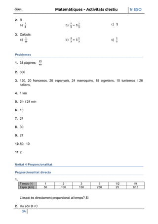 Matemàtiques - Activitats d’estiu 1r ESO
34
2. R
a) b) c)
3. Calcula:
a) b) c)
Problemes
1. 38 pàgines;
2. 300
3. 120, 20 francesos, 20 espanyols, 24 marroquins, 15 algerians, 15 tunisencs i 26
italians.
4. 1 km
5. 2 h i 24 min
6. 10
7. 24
8. 30
9. 27
10.50; 10
11.2
Unitat 4 Proporcionalitat
Proporcionalitat directa
1.
Temps (h) 1 2 3 5 1/2 1/4
Espai (km) 50 100 150 250 25 12,5
L’espai és directament proporcional al temps? Si
2. Ho són B i C
 