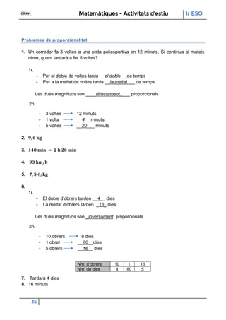 Matemàtiques - Activitats d’estiu 1r ESO
35
Problemes de proporcionalitat
1. Un corredor fa 3 voltes a una pista poliesportiva en 12 minuts. Si continua al mateix
ritme, quant tardarà a fer 5 voltes?
1r.
- Per al doble de voltes tarda __el doble__ de temps
- Per a la meitat de voltes tarda __la meitat___ de temps
Les dues magnituds són ____directament____ proporcionals
2n.
- 3 voltes 12 minuts
- 1 volta __4__ minuts
- 5 voltes __20___ minuts
2.
3.
4.
5.
6.
1r.
- El doble d’obrers tarden __4__ dies
- La meitat d’obrers tarden _16_ dies
Les dues magnituds són _inversament proporcionals
2n.
- 10 obrers 8 dies
- 1 obrer __80__dies
- 5 obrers __16__ dies
Nre. d’obrers 10 1 16
Nre. de dies 8 80 5
7. Tardarà 4 dies
8. 16 minuts
 