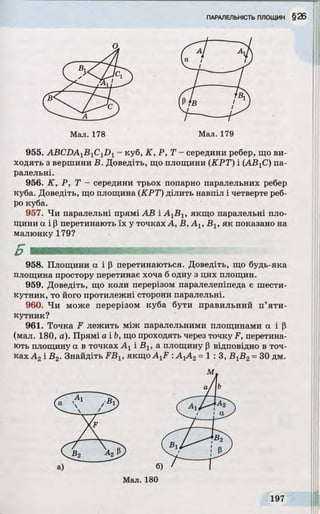 Мал. 178 Мал. 179
955. ABCDAyB^CyDy - куб, K, P, Т - середини ребер, що ви­
ходять з вершини В. Доведіть, що площини (КРТ) і (АВ1С) па­
ралельні.
956. K, P, Т - середини трьох попарно паралельних ребер
куба. Доведіть, що площина (КРТ) ділить навпіл і четверте реб­
ро куба.
957. Чи паралельні прямі АВ і АХВХ, якщо паралельні пло­
щини а і р перетинають їх у точках А, В, Ах, ВІУяк показано на
малюнку 179?
958. Площини а і Р перетинаються. Доведіть, що будь-яка
площина простору перетинає хоча б одну з цих площин.
959. Доведіть, що коли перерізом паралелепіпеда є шести­
кутник, то його протилежні сторони паралельні.
960. Чи може перерізом куба бути правильний п’яти­
кутник?
961. Точка F лежить між паралельними площинами а і Р
(мал. 180, а). Прямі а і Ь, що проходять через точку F, перетина­
ють площину а в точках Ахі Вх, а площину Р відповідно в точ­
ках А2 і В2. Знайдіть FBi, якщо AXF : АХА2=1: 3, ВХВ2=30 дм.
Б шяшшш
м,
 