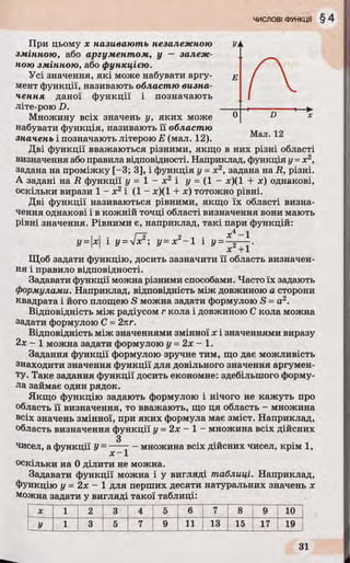 При цьому де називають незалежною уіі
змінною, або аргументом, у — залеж­
ною змінною, або функцією.
Усі значення, які може набувати аргу- #
мент функції, називають областю визна­
чення даної функції і позначають
літе-рою D. ____
Множину всіх значень у, яких може 0
набувати функція, називають її областю
значень і позначають літерою Е (мал. 12).
Дві функції вважаються різними, якщо в них різні області
визначення або правила відповідності. Наприклад, функція у = х2,
задана на проміжку [-3; 3], і функція у = х2, задана на R, різні.
А задані на R функції у = 1 - х2 і у - (1 - дс)(1 + х) однакові,
оскільки вирази 1 - х 2і (1 - дс)(1 + ж) тотожно рівні.
Дві функції називаються рівними, якщо їх області визна­
чення однакові і в кожній точці області визначення вони мають
рівні значення. Рівними є, наприклад, такі пари функцій:
■ І . Г 2 2 і Х4~1
у =х і у = х ; у= х - 1 і у =- 5— .
X +1
Щоб задати функцію, досить зазначити її область визначен­
ня і правило відповідності.
Задавати функції можна різними способами. Часто їх задають
формулами. Наприклад, відповідність між довжиною а сторони
квадрата і його площею S можна задати формулою S = а2.
Відповідність між радіусом r кола і довжиною С кола можна
задати формулою С = 2пг.
Відповідність між значеннями змінної х і значеннями виразу
2* - 1 можна задати формулою у = 2х - 1.
Задання функції формулою зручне тим, що дає можливість
знаходити значення функції для довільного значення аргумен­
ту. Таке задання функції досить економне: здебільшого форму­
ла займає один рядок.
Якщо функцію задають формулою і нічого не кажуть про
область її визначення, то вважають, що ця область - множина
всіх значень змінної, при яких формула має зміст. Наприклад,
область визначення функції у = 2х - 1 - множина всіх дійсних
З
чисел, а функції У= - ■_ ^ - множина всіх дійсних чисел, крім 1,
оскільки на 0 ділити не можна.
Задавати функції можна і у вигляді таблиці. Наприклад,
Функцію у = 2х - 1 для перших десяти натуральних значень х
можна задати у вигляді такої таблиці:
X 1 2 3 4 5 6 7 8 9 10
У 1 3 5 7 9 11 13 15 17 19
 