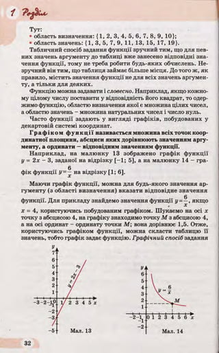 Тут:
• область визначення: {1, 2, 3, 4, 5, 6, 7, 8, 9, 10};
• область значень: {1, 3, 5, 7, 9, 11, 13, 15, 17, 19}.
Табличний спосіб задання функції зручний тим, що для пев­
них значень аргументу до таблиці вже занесено відповідні зна­
чення функції, тому не треба робити будь-яких обчислень. Не­
зручний він тим, що таблиця займає більше місця. До того ж, як
правило, містить значення функції не для всіх значень аргумен­
ту, а тільки для деяких.
Функцію можна задавати і словесно. Наприклад, якщо кожно­
му цілому числу поставити у відповідність його квадрат, то одер­
жимо функцію, областю визначення якої є множина цілих чисел,
а областю значень - множина натуральних чисел і число нуль.
Часто функції задають у вигляді графіків, побудованих у
декартовій системі координат.
Графіком ф ункції називається множина всіх точок коор­
динатної площини, абсциси яких дорівнюють значенням аргу­
менту, а ординати —відповідним значенням функції.
Наприклад, на малюнку 13 зображено графік функції
у = 2х - 3, заданої на відрізку [-1; 5], а на малюнку 14 - гра-
0
фік функції у на відрізку [1; 6].
Маючи графік функції, можна для будь-якого значення ар­
гументу (з області визначення) вказати відповідне значення
0
функції. Для прикладу знайдемо значення функції у - —, якщо
х = 4, користуючись побудованим графіком. Шукаємо на осі х
точку з абсцисою 4, на графіку знаходимо точку М з абсцисою 4,
а на осі ординат - ординату точки М; вона дорівнює 1,5. Отже,
користуючись графіком функції, можна скласти таблицю її
значень, тобто графік задає функцію. Графічний спосіб задання
 