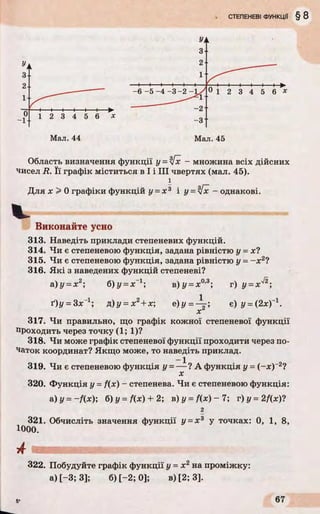 Область визначення функції у - [х - множина всіх дійсних
чисел R. Її графік міститься в І і III чвертях (мал. 45).
і
Для х > 0 графіки функцій у - х 3 і у = $[х - однакові.
--------— ----------- ------------ і------------- -------
Виконайте усно
313. Наведіть приклади степеневих функцій.
314. Чи є степеневою функція, задана рівністю у = х?
315. Чи є степеневою функція, задана рівністю у = - х 27
316. Які з наведених функцій степеневі?
а)у = х2; б)у = х~1; в)у = х0’3; г) у = х
ґ)у = З х 1; ц)у = х2+х; е)у =  ; є) у = (2х)~1.
х
317. Чи правильно, що графік кожної степеневої функції
проходить через точку (1; 1)?
318. Чи може графік степеневої функції проходити через по­
чаток координат? Якщо може, то наведіть приклад.
319. Чи є степеневою функція у = — ? А функція у = (-я)-2?
х
320. Функція у = f(x) - степенева. Чи є степеневою функція:
a)y = -/(x); б) у - f(x) + 2; в) г/= /(* )-7 ; г) у = 2f(x)?
2
321. Обчисліть значення функції у = х 3 у точках: 0, 1, 8,
1000.
Ж
322. Побудуйте графік функції у = х2 на проміжку:
а) [-3; 3]; б) [-2; 0]; в) [2; 3].
 