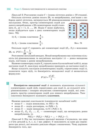 РОЗДІЛ 3. ЕЛЕМЕНТИ ТЕОРІЇ ЙМОВІРНОСТЕЙ ТА МАТЕМАТИЧНОЇ СТАТИСТИКИ114
Приклад 2. Розглянемо подію C = {поява кісточки доміно з 10 очками}.
Оскільки кісточок доміно всього 28, то випробування, пов’язане з ви-
бором однієї кісточки, вичерпується 28 рівноможливими й незалежними
наслідками. Отже, простір елементарних подій для
даного випробування з 28 елементарних подій стано-
вить Ei, де i = 1, 2, ..., 28. Подія C може відбутися,
якщо відбудеться одна з двох елементарних подій
(мал. 78):
1) E1 = {поява пластинки
4
6
};
2) E2 = {поява пластинки
5
5
}.
Оскільки події C сприяють дві елементарні події (E1, E2) з можливих
28, то P C( ) = =
2
28
1
14
.
Розглянемо загальний випадок. Нехай випробування має скінченну кіль-
кість (n) рівноможливих та несумісних наслідків і A — деяка випадкова
подія, пов’язана з даним випробуванням.
Назвемо елементарну подію En сприятливою для випадкової події A, якщо
настання події En внаслідок випробування приводить до настання події A.
Якщо кількість наслідків (елементарних подій), сприятливих події A,
позначити через n(A), то ймовірність випадкової події A визначиться
формулою:
P A
n A
n
( ) =
( )
.
Назвемо важливі властивості ймовірності випадкової події:
• якщо C — подія неможлива, то P(C) = 0;
• якщо B — подія достовірна, то P(B) = 1;
• якщо X — подія випадкова, то 0 ≤ P(X) ≤ 1;
• якщо E1, E2, E3, ..., En — елементарні події, що вичерпують деяке
випробування, то
P(E1) + P(E2) + P(E3) + ... + P(En) = 1.
Приклад 3. Під час тестування пральної машини з’ясувалося, що одна
з п’яти деталей a, b, c, d, e має дефект. Є можливість за один раз переві-
рити три деталі, які механік довільно обирає з визначених. Чому дорівнює
ймовірність того, що:
Мал. 78
Ймовірністю випадкової події A називають відношення кількості
елементарних подій n(A), сприятливих для події A, до кількості всіх
рівноможливих і попарно несумісних елементарних подій, які утво-
рюють простір елементарних подій для певного випробування. Таке
означення ймовірності називають класичним.
 