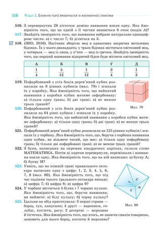 РОЗДІЛ 3. ЕЛЕМЕНТИ ТЕОРІЇ ЙМОВІРНОСТЕЙ ТА МАТЕМАТИЧНОЇ СТАТИСТИКИ118
516. З перевернутих 28 кісточок доміно навмання взяли одну. Яка ймо-
вірність того, що на одній з її частин виявиться 6 очок (подія A)?
517. Знайдіть імовірність того, що навмання вибране натуральне одноциф-
рове число: а) є число 7; б) ділиться на 3.
518. (ЗНО, 2010). Пасічник зберігає мед в однакових закритих металевих
бідонах. Їх у нього дванадцять: у трьох бідонах міститься квітковий мед,
у чотирьох — мед із липи, у п’яти — мед із гречки. Знайдіть імовірність
того, що перший навмання відкритий бідон буде містити квітковий мед.
А Б В Г Д
1
4
5
12
1
12
3
4
1
3
519. Пофарбований з усіх боків дерев’яний кубик роз-
пиляли на 8 рівних кубиків (мал. 79) і зсипали
їх у коробку. Яка ймовірність того, що вийнятий
навмання з коробки кубик матиме зафарбовану:
а) тільки одну грань; б) дві грані; в) не менше
трьох граней?
520. Пофарбований з усіх боків дерев’яний кубик роз-
пиляли на 64 рівні кубики і зсипали їх у коробку.
Яка ймовірність того, що вийнятий навмання з коробки кубик мати-
ме зафарбовану: а) тільки одну грань; б) дві грані; в) не менше трьох
граней?
521. Пофарбований дерев’яний кубик розпиляли на 125 рівних кубиків і зси-
пали їх у торбину. Яка ймовірність того, що, беручи з торбини навмання
один кубик, ви візьмете такий, що має: а) тільки одну пофарбовану
грань; б) тільки дві пофарбовані грані; в) не менше трьох граней?
522. З букв, написаних на окремих квадратних картках, склали слово
МАТЕМАТИКА. Потім ці картки перевернули, перемішали і навман-
ня взяли одну. Яка ймовірність того, що на ній написано: а) букву А;
б) букву М?
523. Уявіть, що на кожній грані правильного окта-
едра написано одну з цифр: 1, 2, 3, 4, 5, 6,
7, 8 (мал. 80). Яка ймовірність того, що під
час падіння такого грального октаедра випаде:
а) цифра 7; б) цифра 8; в) цифра 9?
524. У торбині міститься 5 білих і 7 чорних кульок.
Яка ймовірність того, що, беручи навмання,
ви виймете: а) білу кульку; б) чорну кульку?
525. Їдальня на обід приготувала: 3 перші страви —
борщ, суп, капусняк; 4 другі — вареники, го-
лубці, котлети, рагу; 2 десертні — морозиво
й тістечка. Яка ймовірність того, що хтось, не знаючи смаків товариша,
замовить для нього борщ, котлети й морозиво?
Мал. 79
Мал. 80
1
2
6
5
 