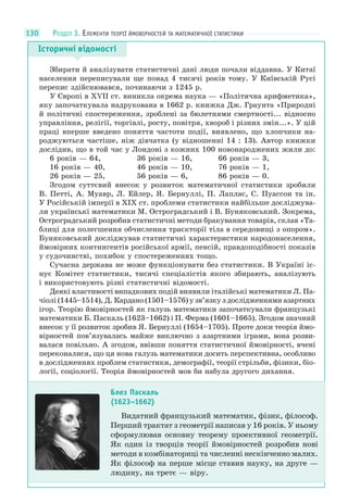 130 РОЗДІЛ 3. ЕЛЕМЕНТИ ТЕОРІЇ ЙМОВІРНОСТЕЙ ТА МАТЕМАТИЧНОЇ СТАТИСТИКИ
Історичні відомості
Збирати й аналізувати статистичні дані люди почали віддавна. У Китаї
населення переписували ще понад 4 тисячі років тому. У Київській Русі
перепис здійснювався, починаючи з 1245 р.
У Європі в XVII ст. виникла окрема наука — «Політична арифметика»,
яку започаткувала надрукована в 1662 р. книжка Дж. Граунта «Природні
й політичні спостереження, зроблені за бюлетнями смертності... відносно
управління, релігії, торгівлі, росту, повітря, хвороб і різних змін...». У цій
праці вперше введено поняття частоти події, виявлено, що хлопчики на-
роджуються частіше, ніж дівчатка (у відношенні 14 : 13). Автор книжки
дослідив, що в той час у Лондоні з кожних 100 новонароджених жили до:
6 років — 64, 36 років — 16, 66 років — 3,
16 років — 40, 46 років — 10, 76 років — 1,
26 років — 25, 56 років — 6, 86 років — 0.
Згодом суттєвий внесок у розвиток математичної статистики зробили
В. Петті, А. Муавр, Л. Ейлер, Я. Бернуллі, П. Лаплас, С. Пуассон та ін.
У Російській імперії в XIX ст. проблеми статистики найбільше досліджува-
ли українські математики М. Остроградський і В. Буняковський. Зокрема,
Остроградський розробив статистичні методи бракування товарів, склав «Та-
блиці для полегшення обчислення траєкторії тіла в середовищі з опором».
Буняковський досліджував статистичні характеристики народонаселення,
ймовірних контингентів російської армії, пенсій, правдоподібності показів
у судочинстві, похибок у спостереженнях тощо.
Сучасна держава не може функціонувати без статистики. В Україні іс-
нує Комітет статистики, тисячі спеціалістів якого збирають, аналізують
і використовують різні статистичні відомості.
Деякі властивості випадкових подій виявили італійські математики Л. Па-
чіолі (1445–1514), Д. Кардано (1501–1576) у зв’язку з дослідженнями азартних
ігор. Теорію ймовірностей як галузь математики започаткували французькі
математики Б. Паскаль (1623–1662) і П. Ферма (1601–1665). Згодом значний
внесок у її розвиток зробив Я. Бернуллі (1654–1705). Проте доки теорія ймо-
вірностей пов’язувалась майже виключно з азартними іграми, вона розви-
валася повільно. А згодом, ввівши поняття статистичної ймовірності, вчені
переконалися, що ця нова галузь математики досить перспективна, особливо
в дослідженнях проблем статистики, демографії, теорії стрільби, фізики, біо-
логії, соціології. Теорія ймовірностей мов би набула другого дихання.
Блез Паскаль
(1623–1662)
Видатний французький математик, фізик, філософ.
Перший трактат з геометрії написав у 16 років. У ньому
сформулював основну теорему проективної геометрії.
Як один із творців теорії ймовірностей розробив нові
методи в комбінаториці та численні нескінченно малих.
Як філософ на перше місце ставив науку, на друге —
людину, на третє — віру.
 