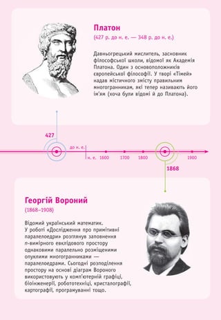 427
1868
Платон
(427 р. до н. е. — 348 р. до н. е.)
Георгій Вороний
(1868–1908)
Відомий український математик.
У роботі «Дослідження про примітивні
паралелоедри» розглянув заповнення
n-вимірного евклідового простору
однаковими паралельно розміщеними
опуклими многогранниками —
паралелоедрами. Сьогодні розподілення
простору на основі діаграм Вороного
використовують у комп’ютерній графіці,
біоінженерії, робототехніці, кристалографії,
картографії, програмуванні тощо.
Давньогрецький мислитель, засновник
філософської школи, відомої як Академія
Платона. Один з основоположників
європейської філософії. У творі «Тімей»
надав містичного змісту правильним
многогранникам, які тепер називають його
ім’ям (хоча були відомі й до Платона).
до н. е.
н. е. 1600 1700 1800 1900
 