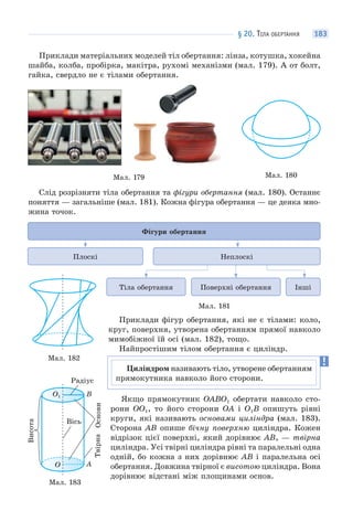 § 20. ТІЛА ОБЕРТАННЯ 183
Приклади матеріальних моделей тіл обертання: лінза, котушка, хокейна
шайба, колба, пробірка, макітра, рухомі механізми (мал. 179). А от болт,
гайка, свердло не є тілами обертання.
Мал. 179
Слід розрізняти тіла обертання та фігури обертання (мал. 180). Останнє
поняття — загальніше (мал. 181). Кожна фігура обертання — це деяка мно-
жина точок.
Тіла обертання Поверхні обертання Інші
Фігури обертання
Плоскі Неплоскі
Мал. 181
Приклади фігур обертання, які не є тілами: коло,
круг, поверхня, утворена обертанням прямої навколо
мимобіжної їй осі (мал. 182), тощо.
Найпростішим тілом обертання є циліндр.
Якщо прямокутник OABO1 обертати навколо сто-
рони OO1, то його сторони OA і O1B опишуть рівні
круги, які називають основами циліндра (мал. 183).
Сторона AB опише бічну поверхню циліндра. Кожен
відрізок цієї поверхні, який дорівнює AB, — твірна
циліндра. Усі твірні циліндра рівні та паралельні одна
одній, бо кожна з них дорівнює AB і паралельна осі
обертання. Довжина твірної є висотою циліндра. Вона
дорівнює відстані між площинами основ.
Мал. 180
Мал. 182
Мал. 183
A
B
O
O1
ОсновиТвірна
Радіус
Вісь
Висота
Циліндром називають тіло, утворене обертанням
прямокутника навколо його сторони.
 