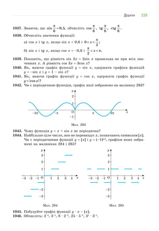 ДОДАТКИ 239
1037. Знаючи, що sin , ,
π
6
0 5= обчисліть cos ,
π
6
tg ,
π
6
ctg .
π
6
1038. Обчисліть значення функції:
а) cos x і tg x, якщо sin x = 0,6 і 0
2
< <x
π
;
б) sin x і tg x, якщо cos x = –0,8 і
π
π
2
< <x .
1039. Покажіть, що рівність sin 2x = 2sin x правильна не при всіх зна-
ченнях x. А рівність cos 3x = 3cos x?
1040. Як, маючи графік функції y = sin x, одержати графіки функцій
y = –sin x і y = 1 – sin x?
1041. Як, маючи графік функції y = cos x, одержати графік функції
y x= cos ?
1042. Чи є періодичною функція, графік якої зображено на малюнку 283?
π–π 2π–2π
2
–1
O x
1
y
Мал. 283
1043. Чому функція y = x + sin x не періодична?
1044. Найбільше ціле число, яке не перевищує x, позначають символом [x].
Чи є періодичними функції y = [x] і y = (–1)[x]
, графіки яких зобра-
жені на малюнках 284 і 285?
1–1–2–3
2
3
2 3 4O x
1
–2
–3
y
Мал. 284
1–1–2–3
2
3
2 3 4O x
1
–2
–3
y
Мал. 285
1045. Побудуйте графік функції y · x – [x].
1046. Обчисліть: 2–3
, 3–2
, 8 · 2–4
, 25 · 5–3
, 35
· 3–5
.
 
