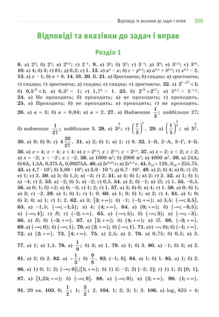 ВІДПОВІДІ ТА ВКАЗІВКИ ДО ЗАДАЧ І ВПРАВ 259
Відповіді та вказівки до задач і вправ
Розділ 1
8. а) 23
; б) 24
; в) 20,5
; г) 2–2
. 9. а) 34
; б) 33
; г) 3–4
; д) 30
; е) 31,5
; є) 33π
.
10. а) 4; б) 3; ґ) 81; д) 0,2; є) 1. 12. а) a2
– х; б) c – p0,5
; в) a0,5
+ b0,5
; г) x0,5
– 2.
13. а) x – 1; б) n + 8. 14. 36. 20. Б. 21. а) Зростаюча; б) спадна; в) зростаюча;
г) спадна; ґ) зростаюча; д) спадна; е) спадна; є) зростаюча. 22. а) 2 15−( )
< ;
б) 0 5 13
, ;< в) 0,32
< 1; г) 1,73
> 1. 23. б) 2 23 1 7
> ,
; в) 50,2
> 5–1,2
.
24. а) Не проходить; б) проходить; в) не проходить; г) проходить.
25. а) Проходить; б) не проходить; в) проходить; г) не проходить.
26. а) a = 3; б) a = 0,04; в) a = 2. 27. а) Найменше
1
3
; найбільше 27;
б) найменше
1
27
; найбільше 3. 28. а) 3
3
4
; г)
7
3
2
⎛
⎝⎜
⎞
⎠⎟ . 29. а)
1
5
5
3⎛
⎝⎜
⎞
⎠⎟ ; в) 3
5
3
.
30. а) 9; б) 9; г) 4
20
27
. 31. а) 2; б) 1; в) 1; г) 9. 32. 1–В, 2–А, 3–Г, 4–Б.
36. а) x = 4; x > 4; x 4; в) x = 22,5
; x 22,5
; x < 22,5
. 37. а) x = 2; x < 2; x 2;
в) x = –2; x < –2 ; x –2. 38. а) 1000 м2
; б) 2000 м2
; в) 4000 м2
. 39. а) 24А;
б) 6А, 1,5А, 0,375 А, 0,09375А. 40. а) 2e0,25
г; в) 2e0,5
г. 41. b10 = 128, S10 = 255,75.
43. а) 4,7 · 107
; б) 3,08 · 108
; в) 3,9 · 10–8
; д) 6,7 · 105
. 49. а) 2; б) 4; в) 0; ґ) ∅;
е) 1; є) 3. 50. а) 5; б) 1,5; в) –3; г) 2. 51. а) 4; б) 1; в) 2; г) 2. 52. а) 1; б) 1;
в) –4; г) 2. 53. а) –2; б) 5; в) –2; г) 0,5. 54. а) 2; б) –1; в) ∅; г) 1. 55. –0,5.
56. а) 0; 1; б) ±2; в) 0; –3; г) 1; 2; ґ) 1. 57. а) 3; б) 0; в) 4; г) 1. 58. а) 0; б) 1;
в) 3; г) –2. 59. а) 1; б) 1; г) 1; 0. 60. а) 1; 0; б) 1; в) 2; г) 4. 61. а) 1; 0;
б) 3; 0; в) 1; г) 1; 2. 62. а) 3; 3; ;+ ∞[ ) б) –1; − + ∞( )1; ; в) 3,5; −∞( ]; , .3 5
63. а) –1,5; −∞ −( ); , ;1 5 в) 4; 4; .+ ∞( ) 64. а) 0; ;+ ∞( ) б) −∞ −( ); , ;0 5
в) −∞( ]; ;4 г) R; ґ) − + ∞( )2; . 65. а) −∞( ); ;5 б) −∞( ); ;3 в) −∞ −( ); .3
66. а) R; б) − + ∞( )3; . 67. а) 2; ;+ ∞[ ) б) 4; ;+ ∞( ) в) ∅. 68. − + ∞( )3; .
69. а) −∞( ); ;0 б) −∞( ); .1 70. а) 2; ;+ ∞( ) б) −∞( ); .1 71. а) (–∞; 0); б) − + ∞( )1; .
72. а) 2; .+ ∞( ) 73. 4; .+ ∞[ ) 75. а) 2,5; в) 2. 76. а) 0,75; б) 0,5; в) 3.
77. а) 1; в) 1,5. 78. а)
1
9
; б) 3; в) 1. 79. а) 1; б) 3. 80. а) –1; б) 3; в) 2.
81. а) 2; б) 2. 82. а) −
1
3
; б)
9
8
. 83. (–1; 0]. 84. а) 1; б) 1. 85. а) 1; б) 2.
86. а) 1) 0; 1; 2) −∞( ] + ∞[ ); ; ;0 1 б) 1) 2; –2; 2) [–2; 2]; ґ) 1) 1; 2) [0; 1].
87. а) 1 25, ; ;+ ∞[ ) б) −∞( ]; .9 88. а) −∞( ); ;0 в) 2; .+ ∞( ) 90. 1; .+ ∞( )
91. 20 хв. 103. 0;
1
2
; 1;
3
2
; 2. 104. 1; 2; 3; 1; 3. 106. а) log5 625 = 4;
 