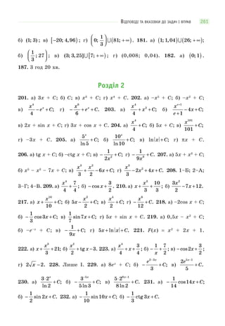 ВІДПОВІДІ ТА ВКАЗІВКИ ДО ЗАДАЧ І ВПРАВ 261
б) ( ; )1 3 ; в) −[ )20 4 96; , ; г) 0
1
3
81; ;
⎛
⎝⎜
⎞
⎠⎟ + ∞( ) . 181. а) 1 1 04 26; , ;( ) + ∞( ) ;
б)
1
3
27;
⎛
⎝⎜
⎞
⎠⎟ ; в) ( ; , ]3 3 25  7; + ∞[ ); г) (0,008; 0,04). 182. а) 0 1;( ).
187. 3 год 20 хв.
Розділ 2
201. а) 3x + C; б) C; в) x3
+ C; г) x4
+ C. 202. а) –x5
+ C; б) –x2
+ C;
в)
x
e Cx
4
4
− + ; г) − + +
x
e Cx
6
6
. 203. а)
x
x C
4
2
4
+ + ; б)
x
e
x C
e+
+
− +
1
1
4 ;
в) 2x + sin x + C; г) 3x + cos x + C. 204. а)
x
C
4
4
+ ; б) 5x + C; в)
x
C
101
101
+ ;
г) –3x + C. 205. а)
5
5
x
C
ln
;+ б)
10
10
x
C
ln
;+ в) ln ;x C+ г) πx + C.
206. а) tg x + C; б) –ctg x + C; в) − +
1
2 2
x
C; г) − +
1
9 9
x
C. 207. а) 5x + x3
+ C;
б) x5
– x3
– 7x + C; в)
x x
x C
3 2
3 2
6+ − + ; г)
x
x x C
3
2
3
2 4− + + . 208. 1–Б; 2–А;
3–Г; 4–В. 209. а)
x4
4
7
4
+ ; б) − +cos .x
3
2
210. а) x
x
+ +
3
3
10
3
; б)
3
2
7 12
2
x
x− + .
217. а) x
x
C+ +
10
10
; б) 5
2
2
x
x
C− + ; в)
x
C
4
2
+ ; г) − +
x
C
6
12
. 218. а) –2cos x + C;
б) − +
1
3
3cos ;x C в)
1
7
7sin ;x C+ г) 5x + sin x + C. 219. а) 0,5x – x2
+ C;
б) –e–x
+ C; в) − +
1
9x
C; г) 5x x C+ +ln . 221. F(x) = x2
+ 2x + 1.
222. а) x
x
+ +
3
3
21; б)
x
x
2
2
3+ −tg . 223. а)
x
x
4
4
3
4
+ + ; б) − +
1 7
2x
; в) − +cos ;2
3
2
x
г) 2 2x − . 228. Лише І. 229. а) 8ex
+ C; б) − +
−
e
C
x2 3
3
; в)
2
5
5 1
e
C
x−
+ .
230. а)
3 2
2
⋅
+
x
C
ln
; б) − +
−
3
5 3
5x
C
ln
; в)
5 2
8 2
8 1
⋅
+
−x
C
ln
. 231. а) − +
1
14
14cos ;x C
б) − +
1
2
2sin .x C 232. а) − +
1
10
10sin ;x C б) − +
1
3
3ctg .x C
 