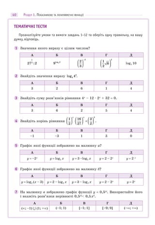 40
ТЕМАТИЧНІ ТЕСТИ
Проаналізуйте умови та вимоги завдань 1–12 та оберіть одну правильну, на вашу
думку, відповідь.
1 Значення якого виразу є цілим числом?
А Б В Г Д
27 2
1
3
: 9 3 2log 2
3
2
⎛
⎝⎜
⎞
⎠⎟
−
1
2
6
2
⎛
⎝⎜
⎞
⎠⎟ log5 10
2 Знайдіть значення виразу log .8
3
4
А Б В Г Д
3 2 6 1 4
3 Знайдіть суму розв’язків рівняння 4x
– 12 · 2x
+ 32 = 0.
А Б В Г Д
3 6 2 5 4
4 Знайдіть корінь рівняння
1
2
16
27
3
2
3
⎛
⎝⎜
⎞
⎠⎟ ⋅
⎛
⎝⎜
⎞
⎠⎟ =
⎛
⎝⎜
⎞
⎠⎟
x x
.
А Б В Г Д
–1 –3 1 3 0
5 Графік якої функції зображено на малюнку а?
А Б В Г Д
у = –2x
у = log2 x у = 3 –log2 x у = 2 – 2x
у = 2–x
6 Графік якої функції зображено на малюнку б?
А Б В Г Д
у = log2 (x – 3) у = 2 – log2 x у = 3 – log2 x у = 2 – 2x
у = 2x
7 На малюнку в зображено графік функції у = 0,5|x|
. Використайте його
і вкажіть розв’язки нерівності 0,5|x|
< 0,5х2
.
А Б В Г Д
(; –1)  (1; +) (–1; 1) [–1; 1] [–9; 9] (–∞; +∞)
РОЗДІЛ 1. ПОКАЗНИКОВІ ТА ЛОГАРИФМІЧНІ ФУНКЦІЇ
 