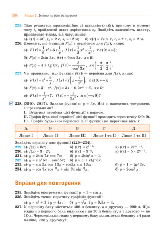 РОЗДІЛ 2. ІНТЕГРАЛ ТА ЙОГО ЗАСТОСУВАННЯ50
225. Тіло рухається прямолінійно зі швидкістю v(t), причому в момент
часу t0 пройдений шлях дорівнював s0. Знайдіть залежність шляху,
пройденого тілом, від часу, якщо:
а) v(t) = 3t2
, t0 = 2 с, s0 = 12 м; б) v(t) = 2sin x, t0 = π с, s0 = 2 м.
226. Доведіть, що функція F(x) є первісною для f(x), якщо:
а) F x x
x
( ) = + +
1
6
5
13
, f x x
x
( ) = −
1
2
12
2
, x ∈ + ∞( )0; ;
б) F(x) = 2sin 3x, f(x) = 6cos 3x, x R∈ ;
в) F(x) = 4 + tg 3x, f x
x
( ) =
3
32
cos
, x ∈ −
⎛
⎝⎜
⎞
⎠⎟
π π
2 2
; .
227. Чи правильно, що функція F(x) — первісна для f(x), якщо:
а) F x x
x
( ) = +2 2
, f x x
x
( ) = −
⎛
⎝⎜
⎞
⎠⎟2
1
2
, x ∈ + ∞( )0; ;
б) F(x) = 3 – x4
, f(x) = 3x – 0,2x5
+ C, x R∈ ;
в) F x
x
( ) = +
1
72
, f x
x
( ) = −
1
2 3
, x ∈ −∞( ); ?0
228. (ЗНО, 2017). Задано функцію y = 3x. Які з наведених тверджень
є правильними?
І. Будь-яка первісна цієї функції є парною.
ІІ. Графік будь-якої первісної цієї функції проходить через точку O(0; 0).
ІІІ. Графік будь-якої первісної цієї функції не перетинає вісь x.
А Б В Г Д
Лише І Лише ІІ Лише ІІІ Лише І та ІІ Лише І та ІІІ
Знайдіть первісну для функції (229–234).
229. а) f(x) = 8ex
; б) f(x) = e2 – 3x
; в) f(x) = 2e5x – 1
.
230. а) f(x) = 3 · 2x
; б) f(x) = 3–5x
; в) f(x) = 5 · 28x – 1
.
231. а) y = 2sin 7x cos 7x; б) y = 2sin2
x – 1.
232. а) y = sin2
5x – cos2
5x; б) y = 1 + ctg2
3x.
233. а) y = sin 2x cos 13x – cos2x sin 13x; б) y = 1 + tg2
3x.
234. а) y = cos 3x cos 7x + sin 3x sin 7x; б) y = 2cos2
x.
Вправи для повторення
235. Знайдіть екстремуми функції y = 1 – sin x.
236. Знайдіть точки перетину графіків функції:
а) y = x2
+ 3 і y = 4x; б) y x= і y = 0,5x – 4.
237. У першому баку міститься 400 л бензину, а в другому — 900 л. Що-
години з першого бака виливають по 20 л бензину, а з другого — по
10 л. Через скільки годин у першому баку залишиться бензину в 4 рази
менше, ніж у другому?
 