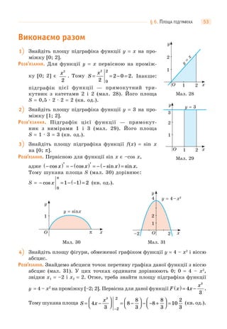§ 6. ПЛОЩА ПІДГРАФІКА 53
Виконаємо разом
1 Знайдіть площу підграфіка функції y = x на про-
міжку [0; 2].
РОЗВ’ЯЗАННЯ. Для функції y = x первісною на проміж-
ку [0; 2] є
x2
2
. Тому S
x
= = − =
2
2
2 0 2
2
0
. Інакше:
підграфік цієї функції — прямокутний три-
кутник з катетами 2 і 2 (мал. 28). Його площа
S = 0,5 · 2 · 2 = 2 (кв. од.).
2 Знайдіть площу підграфіка функції y = 3 на про-
міжку [1; 2].
РОЗВ’ЯЗАННЯ. Підграфік цієї функції — прямокут-
ник з вимірами 1 і 3 (мал. 29). Його площа
S = 1 · 3 = 3 (кв. од.).
3 Знайдіть площу підграфіка функції f(x) = sin x
на [0; π].
РОЗВ’ЯЗАННЯ. Первісною для функції sin x є –cos x,
адже −( )′ = − ( )′ = − −( ) =cos cos sin sin .x x x x
Тому шукана площа S (мал. 30) дорівнює:
S = − = − −( ) =cos x
π
0
1 1 2 (кв. од.).
Мал. 30
1
O x
y
π
y = sinx
Мал. 31
1
4
–2 2O x
y
2
y = 4–x2
4 Знайдіть площу фігури, обмеженої графіком функції y = 4 – x2
і віссю
абсцис.
РОЗВ’ЯЗАННЯ. Знайдемо абсциси точок перетину графіка даної функції з віссю
абсцис (мал. 31). У цих точках ординати дорівнюють 0; 0 = 4 – x2
,
звідки x1 = –2 і x2 = 2. Отже, треба знайти площу підграфіка функції
y = 4 – x2
на проміжку [–2; 2]. Первісна для даної функції F x x
x
( ) = −4
3
3
.
Тому шукана площа S x
x
= −
⎛
⎝⎜
⎞
⎠⎟ = −
⎛
⎝⎜
⎞
⎠⎟ − − +
⎛
⎝⎜
⎞
⎠⎟ =
−
4
3
8
8
3
8
8
3
10
2
3
3 2
2
(кв. од.).
1
1 2O x
y
2
y
=
x
Мал. 28
1
1 2O x
y
2
3
y = 3
Мал. 29
 
