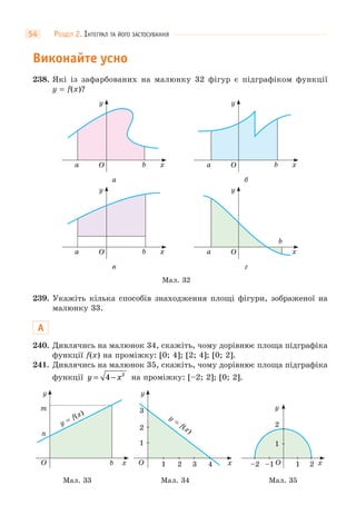 РОЗДІЛ 2. ІНТЕГРАЛ ТА ЙОГО ЗАСТОСУВАННЯ54
Виконайте усно
238. Які із зафарбованих на малюнку 32 фігур є підграфіком функції
y = f(x)?
Мал. 32
а
O x
y
a b
б
O x
y
a b
в
O x
y
a b
г
O x
y
a
b
239. Укажіть кілька способів знаходження площі фігури, зображеної на
малюнку 33.
А
240. Дивлячись на малюнок 34, скажіть, чому дорівнює площа підграфіка
функції f(x) на проміжку: [0; 4]; [2; 4]; [0; 2].
241. Дивлячись на малюнок 35, скажіть, чому дорівнює площа підграфіка
функції y x= −4 2
на проміжку: [–2; 2]; [0; 2].
Мал. 34
1
1 2 3 4O x
y
2
3
y
=
f(x)
Мал. 35
1
–1 1–2 2O x
y
2
Мал. 33
n
O xb
y
m
y = f(x)
 