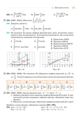 § 7. ВИЗНАЧЕНИЙ ІНТЕГРАЛ 63
288. а)
1 2
2
0
+
∫
cos
cos
;
x
x
dx
π
б) 2
2
2
0
sin ;
x
dx
π
∫ в)
1 2
2
0
−
∫
sin
cos
.
x
x
dx
π
289. (ЗНО, 2012). Обчисліть
x
x x
dx
9
6 3
2
3
1
1
−
+ +∫ .
290. Доведіть рівність:
а) cos ;xdx x dx
0
2
2
0
33
π
∫ ∫= б) sin cos .xdx xdx
0
2
0
2
π π
∫ ∫=
291. На малюнку 45 задано графіки функцій f(x) і g(x). Установіть відпо-
відність між інтегралами (1–4) та многокутниками (А–Д), площі яких
визначаються заданими інтегралами.
1 f x dx( )
−
∫3
3
2 f x g x dx( )− ( )( )∫0
3
3 f x dx( )∫0
3
4 g x dx( )∫0
3
А Трикутник OMH
Б Трапеція OBCH
В Паралелограм OBCM
Г Трапеція OACM
Д Трикутник ACH
Мал. 45
11
–22–33 11 22 33 44 55–11O x
y
33
44
A
B
CC
MM
HH
ff((xx))
gg((xx))
Мал. 46
11
11
0
33 44 55 66 77 882 x
y
22
33
y
x
=
2
y x=
292. (ЗНО, 2008). На малюнку 46 зображено графіки функцій y x= та
y
x
=
2
. Укажіть формулу для обчислення площі заштрихованої фігури.
А Б В Г Д
x
x
dx+
⎛
⎝⎜
⎞
⎠⎟∫ 20
4
x
x
dx−
⎛
⎝⎜
⎞
⎠⎟∫ 20
4
x
x
dx−
⎛
⎝⎜
⎞
⎠⎟∫ 24
0
x
x dx
24
0
+
⎛
⎝⎜
⎞
⎠⎟∫
x
x dx
20
4
−
⎛
⎝⎜
⎞
⎠⎟∫
293. (ЗНО, 2009). Задано функції f(x) = x2
+ 1 і g(x) = 7 – x.
1. Знайдіть абсциси точок перетину графіків функцій f(x) і g(x). У пря-
мокутній системі координат зобразіть фігуру, обмежену цими гра-
фіками.
2. Обчисліть площу фігури, обмеженої графіками функцій f(x) і g(x).
Знайдіть площу фігури, обмеженої лініями (294–296).
294. а) y = x2
і y = 2x; в) y = 6 + x – x2
і y = 6 – 2x;
б) y = x2
і y = 2; г) y = 4x + x2
і y = 4 + x.
 