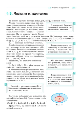 § 9. МНОЖИНИ ТА ПІДМНОЖИНИ 79
§ 9. МНОЖИНИ ТА ПІДМНОЖИНИ
Ви знаєте, що таке бригада, табун, рій, набір, комплект тощо.
Можна говорити, наприклад, про мно-
жини планет, держав, пісень, партій, рів-
нянь, функцій, точок, чисел, фігур тощо.
Об’єкти, які входять до множини, нази-
вають її елементами. Якщо a — елемент
множини M, то пишуть: a M∈ . Запис
b M∉ означає, що b не є елементом множини M. Множини часто запи-
сують за допомогою фігурних дужок. Наприклад: { , , } — множина
фігур , , ; {0, 1, 2, 3} — множина цифр 0, 1, 2, 3.
Це — приклади скінченних множин.
Нескінченними є, наприклад, множини
натуральних, цілих, раціональних, дій-
сних чисел. Їх позначають відповідно бук-
вами N, Z, Q, R. Нескінченними є також
множини точок на прямій чи відрізку,
множини дійсних чисел на проміжках
[2; 3], − + ∞( )6; та ін.
Вважають, що елементи множини —
різні.
{1; 3; 5} і {3; 1; 5} — різні записи од-
нієї й тієї самої множини.
У математиці часто розглядаються мно-
жини, які мають тільки один елемент або
й зовсім не мають елементів. Наприклад,
можна говорити про множину коренів рів-
няння 3x + 5 = 17 або множину розв’язків
нерівності x2
+ 3 < 0.
Наочно це зображають за допомогою діа-
грами Ейлера (мал. 54). Правильними є спів-
відношення:
N ⊂ Z, N ⊂ Q, N ⊂ R, Z ⊂ Q, Z ⊂ R, Q ⊂ R.
Трапляється, що множини A і B мають
спільні елементи.
У математиці будь-які
сукупності називають од-
ним словом: множина.
Якщо множина має не-
скінченну кількість еле-
ментів, її називають не-
скінченною множиною.
Дві множини назива-
ють рівними, якщо вони
складаються з однакових
елементів.
Якщо множина не міс-
тить жодного елемента,
її називають порожньою
множиною і позначають
символом ∅.
Якщо A — частина множини B, то
її називають підмножиною множини
B і записують: A B⊂ .
Мал. 54
B
A
 