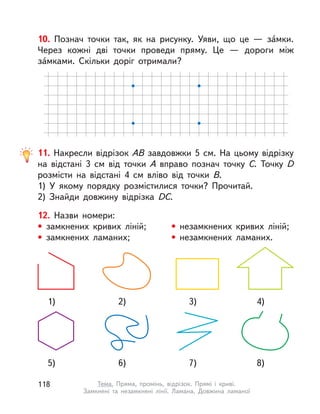 10. Познач точки так, як на рисунку. Уяви, що це  — за́мки.
Через кожні дві точки проведи пряму. Це  — дороги між
за́мками. Скільки доріг отримали?
11. Накресли відрізок АВ завдовжки 5  см. На цьому відрізку
на відстані 3  см від точки A вправо познач точку С. Точку D
розмісти на відстані 4  см вліво від точки B.
1) У  якому порядку розмістилися точки? Прочитай.
2) Знайди довжину відрізка DС.
12. Назви номери:
• замкнених кривих ліній; •  незамкнених кривих ліній;
•  замкнених ламаних; •  незамкнених ламаних.
1)
5)
2)
6)
3)
7)
4)
8)
118 Тема. Пряма, промінь, відрізок. Прямі і  криві.
Замкнені та незамкнені лінії. Ламана. Довжина ламаної
 