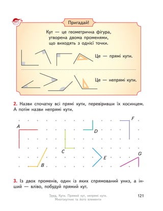 Кут  — це геометрична фігура,
утворена двома променями,
що виходять з  однієї точки.
Це  — прямі кути.
Це — непрямі кути.
Пригадай!
3. Із двох променів, один із  яких спрямований униз, а  ін-
ший  — вліво, побудуй прямий кут.
2. Назви спочатку всі прямі кути, перевіривши їх косинцем.
А  потім назви непрямі кути.
A
B
D
C
E
F
G
121Тема. Кути. Прямий кут, непрямі кути.
Многокутник та його елементи
 