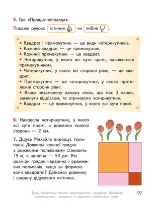 6. Накресли чотирикутник, у  якого
всі кути прямі, а довжина кожної
сторони — 2 см.
5. Гра «Правда-неправда».
Покажи рукою: істинне чи хибне .
• Квадрат і  прямокутник  — це види чотирикутників.
• Кожний квадрат  — це прямокутник.
• Кожний прямокутник  — це квадрат.
• Чотирикутник, у  якого всі кути прямі, називається
прямокутником.
• Чотирикутник, у  якого всі сторони рівні,  — це ква-
драт.
• Прямокутник  — це чотирикутник, у  якого проти-
лежні сторони рівні.
• Якщо незамкнену ламану лінію, що має 3 ланки,
замкнути відрізком, то отримаємо чотирикутник.
• Квадрат  — це прямокутник, у  якого всі кути прямі.
7. Дідусь Михайло вирощує тюль-
пани. Довжина кожної грядки
з  рожевими тюльпанами становить
15 м, а ширина — 50 дм. Які
розміри грядок червоних і  оранже-
вих тюльпанів, якщо за формою
вони квадратні? Дізнайся довжину
і  ширину дідусевого квітника.
127Тема. Характерні ознаки прямокутника і  квадрата. Побудова
прямокутника і  квадрата із заданими довжинами сторін
 