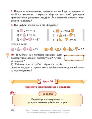 Периметр прямокутника і  квадрата
Урок 36
Периметр многокутника —
це сума довжин усіх його сторін.
Пригадай!
8. Накресли прямокутник, довжина якого 1 дм, а  ширина  —
на 8  см коротша. Накресли відрізок так, щоб усередині
прямокутника утворився квадрат. Яка довжина сторони утво-
реного квадрата?
9. Які цифри заховалися під фігурами?
Перевір себе:
1) 2+4=16
2) 2 +3=27
3) 4 + 4=97
+ + + =13
4) 5–2=4
5) 1 –6= 3
6) 4 – 2=26
+ + + + + = 27
10. 1) Скільки ще потрібно сірників, щоб
скласти удвічі довший прямокутник? А удві-
чі ширший?
2) Скільки ще потрібно сірників, щоб
скласти квадрат, сторона якого дорівнюватиме довжині дано-
го прямокутника?
128 Тема. Периметр прямокутника і  квадрата. Задачі на
знаходження периметра прямокутника і  квадрата
 