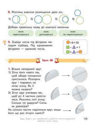 Урок 40
1. Візьми паперовий круг.
1) Зігни його навпіл так,
щоб обидві половинки
сумістилися. Розгорни
круг і  подивись на
лінію згину. Як її
можна назвати?
2) Зігни круг учетверо так,
щоб усі 4 частини сумісти-
лися. Розглянь лінії згину.
Скільки тут радіусів? Скіль-
ки діаметрів?
На скільки частин поділиться круг, якщо
його ще раз зігнути навпіл?
8. Розглянь взаємне розміщення двох кіл.
1) 2) 3) 4)
кола
перетинаються
кола
дотикаються
кола
не перетинаються
9. Знайди числа під фігурами ме-
тодом підбору. Під однаковими
фігурами  — однакові числа.
 • 8 = 56
– =1
+ =
Добери правильну назву до кожного малюнка.
139Тема. Задачі, що передбачають розвиток уміння розрізняти
елементи кола і  круга
 