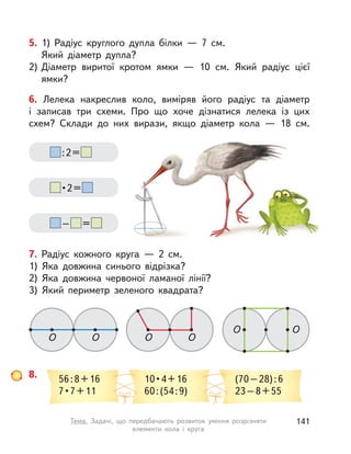 7. Радіус кожного круга  — 2  см.
1) Яка довжина синього відрізка?
2) Яка довжина червоної ламаної лінії?
3) Який периметр зеленого квадрата?
O O O O
O O
8. 56:8+16
7 • 7 + 11
10 • 4 + 16
60:(54:9)
(70–28):6
23–8+55
6. Лелека накреслив коло, виміряв його радіус та діаметр
і  записав три схеми. Про що хоче дізнатися лелека із  цих
схем? Склади до них вирази, якщо діаметр кола  — 18  см.
:2=
 • 2 = 
– =
5. 1) Радіус круглого дупла білки — 7  см.
Який діаметр дупла?
2) Діаметр виритої кротом ямки  — 10  см. Який радіус цієї
ямки?
141Тема. Задачі, що передбачають розвиток уміння розрізняти
елементи кола і  круга
 
