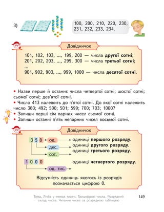 3)
101, 102, 103, ..., 199, 200  — числа другої сотні;
201, 202, 203, ..., 299, 300  — числа третьої сотні;
...
901, 902, 903, ..., 999, 1000  — числа десятої сотні.
Довідничок
• Назви перше й  останнє числа четвертої сотні; шостої сотні;
сьомої сотні; дев’ятої сотні.
• Число 413 належить до п'ятої сотні. До якої сотні належить
число 360; 492; 500; 501; 599; 700; 703; 1000?
• Запиши перші сім парних чисел сьомої сотні.
• Запиши останні п'ять непарних чисел восьмої сотні.
одиниці першого розряду.
одиниці другого розряду.
одиниці третього розряду.
одиниці четвертого розряду.
од.
дес.
сот.
од. тис.
Відсутність одиниць якогось із розрядів
позначається  цифрою 0.
Довідничок
3 5 8
1 0 0 0
100, 200, 210, 220, 230,
231, 232, 233, 234.
149Тема. Лічба у  межах тисячі. Трицифрові числа. Розрядний
склад числа. Читання чисел за розрядною таблицею
 