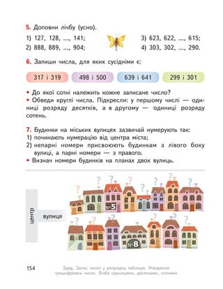 7. Будинки на міських вулицях зазвичай нумерують так:
1) починають нумерацію від центра міста;
2) непарні номери присвоюють будинкам з лівого боку
вулиці, а  парні номери  — з правого.
• Визнач номери будинків на планах двох вулиць.
центр
вулиця
6. Запиши числа, для яких сусідніми є:
• До якої сотні належить кожне записане число?
• Обведи круглі числа. Підкресли: у  першому числі  — оди-
ниці розряду десятків, а  в  другому  — одиниці розряду
сотень.
317 і  319 498 і  500 639 і  641 299 і  301
5. Доповни лічбу (усно).
1) 127, 128, …, 141; 3) 623, 622, …, 615;
2) 888, 889, …, 904; 4) 303, 302, …, 290.
154 Тема. Запис чисел у  розрядну таблицю. Утворення
трицифрових чисел. Лічба одиницями, десятками, сотнями
 