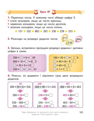 Урок 47
217
539
2. Розклади на розрядні доданки числа:
1. Перепиши числа. У  кожному числі обведи цифру 3:
• синім кольором, якщо це число одиниць;
•  червоним кольором, якщо це число десятків;
•  зеленим кольором, якщо це число сотень.
137 322 883 393 330 239 333
3. Запиши, вставляючи пропущені розрядні доданки і доповни
цифри в  сумах.
200+ +9= 49
800+10+ =8 2
+30+8=33
500+ + = 47
100+30+ = 4
+90+8= 9
+60=6
+1=7
4. Поясни, як додавати і  віднімати суму двох розрядних
доданків.
300+50+6=356
300+56=
350–300=
356–56=
56
200+40+5=245
240+5=
245–5=
245–240=
240
400+60+3=463
403+60=
463–60=
463–403=
403
539
406
165Тема. Додавання та віднімання суми двох розрядних
доданків. Розв’язування задач
 