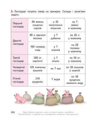 5. Господарі готують товар на ярмарок. Склади і  розв’яжи
задачі.
Перший
господар
Третій
господар
Четвертий
господар
П'ятий
господар
Другий
господар
90 жмень
чищених
горіхів
200  кг
картоплі
120 плетених
кошиків
210
вуздечок
80 л овечого
молока
100 головок
сиру
у 30
полотняних
мішечків
у ?
мішки
на ? куп
? видів
у ?
дзбанки
у ?
клунків
по ?
жмені
в кожному
по 50  кг
у  кожному
по 20 кошиків
у  кожній
по 30
вуздечок
кожного виду
по 20 л
у  кожному
по 20
головок
у  кожному
204 Тема. Ділення круглого числа на кругле двома способами.
Ознайомлення із задачею на знаходження четвертого пропорційного
 