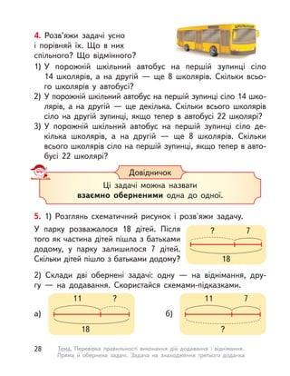 5. 1) Розглянь схематичний рисунок і розв'яжи задачу.
У парку розважалося 18 дітей. Після
того як частина дітей пішла з батьками
додому, у  парку залишилося 7 дітей.
Скільки дітей пішло з батьками додому?
2) Склади дві обернені задачі: одну  — на віднімання, дру-
гу  — на додавання. Скористайся схемами-підказками.
18
7?
а)
18
?11
б)
?
711
4. Розв’яжи задачі усно
і порівняй їх. Що в  них
спільного? Що відмінного?
1) У  порожній шкільний автобус на першій зупинці сіло
14  школярів, а  на другій  — ще 8 школярів. Скільки всьо-
го школярів у  автобусі?
2) У порожній шкільний автобус на першій зупинці сіло 14 шко-
лярів, а  на другій  — ще декілька. Скільки всього школярів
сіло на другій зупинці, якщо тепер в  автобусі 22  школярі?
3) У  порожній шкільний автобус на першій зупинці сіло де-
кілька школярів, а  на другій  — ще 8 школярів. Скільки
всього школярів сіло на першій зупинці, якщо тепер в авто-
бусі 22  школярі?
Довідничок
Ці задачі можна назвати
взаємно оберненими одна до одної.
28 Тема. Перевірка правильності виконання дій додавання і  віднімання.
Пряма й  обернена задачі. Задача на знаходження третього доданка
 