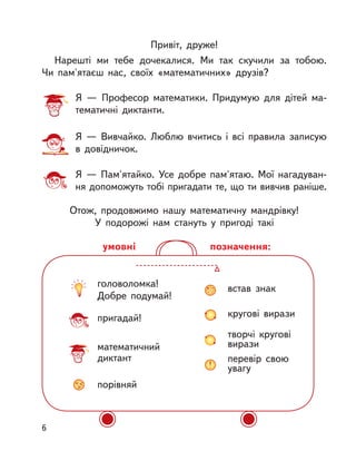 головоломка!
Добре подумай!
пригадай!
математичний
диктант
порівняй
встав знак
кругові вирази
творчі кругові
вирази
перевір свою
увагу
позначення:умовні
Привіт, друже!
Нарешті ми тебе дочекалися. Ми так скучили за тобою.
Чи  пам'ятаєш нас, своїх «математичних» друзів?
Отож, продовжимо нашу математичну мандрівку!
У подорожі нам стануть у  пригоді такі
Я  — Професор математики. Придумую для дітей ма-
тематичні диктанти.
Я  — Вивчайко. Люблю вчитись і  всі правила записую
в  довідничок.
Я  — Пам'ятайко. Усе добре пам'ятаю. Мої нагадуван-
ня допоможуть тобі пригадати те, що ти вивчив раніше.
6
 