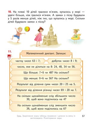 10. На пляжі 10 дітей гралися м'ячем, купались у  морі  —
удвічі більше, ніж гралися м'ячем. А  замки з  піску будували
у  5 разів менше дітей, ніж тих, що купались у  морі. Скільки
дітей будували замки з  піску?
11.
Математичний диктант. Запиши:
число, яке не ділиться на 8: 24, 48, 34 чи 56.
частку чисел 63 і  7; добуток чисел 8 і  9;
Результат від ділення суми чисел 20 і  25 на 5.
Результат від ділення різниці чисел 69 і  20 на 7.
Що  менше:  9 • 6  чи  56?  На  скільки?
Що  більше:  7 • 6  чи  48?  На  скільки?
На скільки щонайменше слід збільшити число
30, щоб воно поділилось на 4?
На скільки щонайменше слід зменшити число
39, щоб воно поділилось на 6?
67Тема. Закріплення знань таблиць множення і  ділення та вмінь їх
застосовувати. Розв’язування задач
 