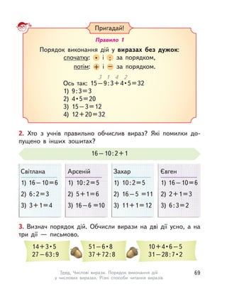 Пригадай!
Порядок виконання дій у  виразах без дужок:
спочатку: • і : за порядком,
потім: + і – за порядком.
Правило 1
Ось  так:  15 – 9 : 3 + 4 • 5 = 32
1) 9:3=3
2)  4 • 5 = 20
3) 15–3=12
4) 12+20=32
3 1 4 2
Світлана
1) 16–10=6
2) 6:2=3
3) 3+1=4
Арсеній
1) 10:2=5
2) 5+1=6
3) 16–6 =10
Захар
1) 10:2=5
2) 16–5 =11
3) 11+1=12
Євген
1) 16–10=6
2) 2+1=3
3) 6:3=2
2. Хто з  учнів правильно обчислив вираз? Які помилки до-
пущено в  інших зошитах?
16–10:2+1
51 – 6 • 8 
37+72:8
3. Визнач порядок дій. Обчисли вирази на дві дії усно, а  на
три дії  — письмово.
10 + 4 • 6 – 5 
31 – 28 : 7 • 2
14 + 3 • 5 
27–63:9
69Тема. Числові вирази. Порядок виконання дій
у числових виразах. Різні способи читання виразів
 