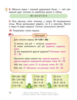 9. Біля причалу стоїть теплохід, у якому 56 пасажирських
місць. Місця розташовані рядами, по 8 у  кожному. Квитки
в  перші 6 рядів продано. Скільки залишилося квитків?
8. Обчисли вираз і отримай додатковий бонус  — твій най-
кращий друг попливе на кораблику разом із тобою.
40 – (5 + 21 : 7) • 4 
10. Потренуйся читати вирази.
Пригадай!
Для читання виразу 31+(45–20) :
1) визнач, яка дія  — остання: додавання;
2) назви компоненти цієї дії: доданок, доданок,
сума;
3) чим виражений другий доданок? Різницею чисел
45 і  20.
Прочитати вираз можна так: перший доданок — 31,
другий доданок виражений різницею чисел 45 і 20.
Або так: сума числа 31 та різниці чисел 45 і  20.
Або так: 31 збільшити на різницю чисел 45 і  20.
30+(45–20)
80–(14+56)
13+6–10
5 • 6 + 38
7 • (16 – 8)
25:(5+0)
49:7+14
(28–10):9
32 : 4 • 6
42 : (3 • 2)
36:6–45:9
(36–9):(0+9)
72 Тема. Числові вирази. Порядок виконання дій
у числових виразах. Різні способи читання виразів
 