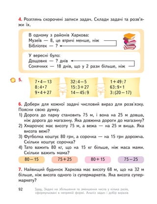 4. Розглянь скорочені записи задач. Склади задачі та розв’я-
жи їх.
В одному з районів Харкова:
Музеїв  — 8, це втричі менше, ніж
Бібліотек  — ?
У вересні було:
Дощових  — ? днів
Сонячних  — 18 днів, що у  2 рази більше, ніж
5. 7 • 4 – 13
8 : 4 • 7
9 • 4 + 27
32:4–5
15:3+27
14–45:9
1+49:7
63 : 9 • 1
3:(20–17)
6. Добери для кожної задачі числовий вираз для розв'язку.
Поясни свою думку.
1) Дорога до парку становить 75 м, і  вона на 25  м довша,
ніж дорога до магазину. Яка довжина дороги до магазину?
2) Хмарочос має висоту 75 м, а  вежа  — на 25  м вища. Яка
висота вежі?
3) Футболка коштує 80 грн, а сорочка — на 15 грн дорожча.
Скільки коштує сорочка?
4) Тато важить 80  кг, що на 15  кг більше, ніж маса мами.
Скільки важить мама?
80–15 75+25 80+15 75–25
7. Найвищий будинок Харкова має висоту 68 м, що на 32  м
більше, ніж висота одного із супермаркетів. Яка висота супер-
маркету?
92 Тема. Задачі на збільшення та зменшення числа у  кілька разів,
сформульовані в  непрямій формі. Аналіз задач і  добір виразів
 