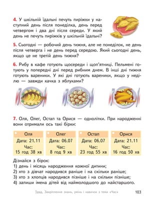 5. Сьогодні — робочий день тижня, але не понеділок, не день
після четверга і  не день перед середою. Який сьогодні день,
якщо це не третій день тижня?
4. У  шкільній їдальні печуть пиріжки у  на-
ступний день після понеділка, день перед
четвергом і  два дні після середи. У  який
день не печуть пиріжків у шкільній їдальні?
6. Рибу в  кафе готують щосереди і щоп’ятниці. Пельмені го-
тують у  попередні дні перед рибним днем. В  інші дні тижня
готують вареники. У  які дні готують вареники, якщо у неді-
лю  — завжди качка з  яблуками?
7. Оля, Олег, Остап та Орися  — однолітки. При народженні
вони отримали ось такі бірки:
Дізнайся з  бірок:
1) день і  місяць народження кожної дитини;
2) хто з  дівчат народився раніше і  на скільки раніше;
3) хто з  хлопців народився пізніше і  на скільки пізніше;
4) запиши імена дітей від наймолодшого до найстаршого.
Оля
Дата: 21.11
Час:
15 год 38 хв
Олег
Дата: 06.07
Час:
8 год 9 хв
Остап
Дата: 06.07
Час:
23 год 55 хв
Орися
Дата: 21.11
Час:
16 год 50 хв
103Тема. Закріплення знань, умінь і  навичок з  теми «Час»
 