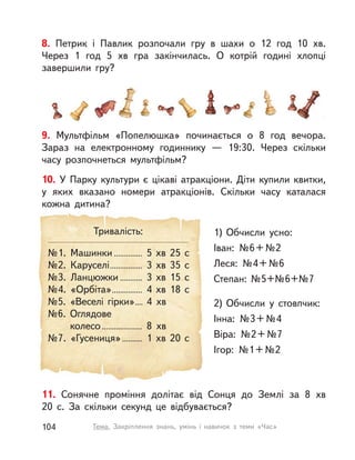 8. Петрик і  Павлик розпочали гру в  шахи о  12 год 10  хв.
Через 1 год 5  хв гра закінчилась. О  котрій годині хлопці
завершили гру?
9. Мультфільм «Попелюшка» починається о  8 год вечора.
Зараз на електронному годиннику  — 19:30. Через скільки
часу розпочнеться мультфільм?
11. Сонячне проміння долітає від Сонця до Землі за 8  хв
20  с. За скільки секунд це відбувається?
10. У Парку культури є цікаві атракціони. Діти купили квитки,
у  яких вказано номери атракціонів. Скільки часу каталася
кожна дитина?
Тривалість:
№1. Машинки ..............
№2. Каруселі................
№3. Ланцюжки ...........
№4. «Орбіта»...............
№5. «Веселі гірки»....
№6. Оглядове
колесо....................
№7. «Гусениця»..........
5  хв 25 с
3  хв 35 с
3  хв 15 с
4  хв 18 с
4 хв
8 хв
1  хв 20 с
1) Обчисли усно:
Іван: №6+№2
Леся: №4+№6
Степан: №5+№6+№7
2) Обчисли у  стовпчик:
Інна: №3+№4
Віра: №2+№7
Ігор: №1+№2
104 Тема. Закріплення знань, умінь і  навичок з  теми «Час»
 