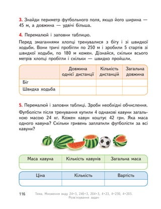 3. Знайди периметр футбольного поля, якщо його ширина —
45  м, а  довжина  — удвічі більша.
4. Перемалюй і заповни таблицю.
Перед змаганнями хлопці тренувалися з  бігу і  зі швидкої
ходьби. Вони тричі пробігли по 250  м і  зробили 5 стартів зі
швидкої ходьби, по 180  м кожен. Дізнайся, скільки всього
метрів хлопці пробігли і  скільки  — швидко пройшли.
Довжина
однієї дистанції
Біг
Швидка ходьба
Загальна
довжина
Кількість
дистанцій
5. Перемалюй і заповни таблиці. Зроби необхідні обчислення.
Футболісти після тренування купили 4 однакові кавуни загаль-
ною масою 24  кг. Кожен кавун коштує 42 грн. Яка маса
одного кавуна? Скільки гривень заплатили футболісти за всі
кавуни?
Маса кавуна
Ціна
Загальна маса
Вартість
Кількість кавунів
Кількість
116 Тема. Множення виду 24•3, 240•3, 204•3, 4•23, 4•230, 4•203.
Розв'язування задач
 