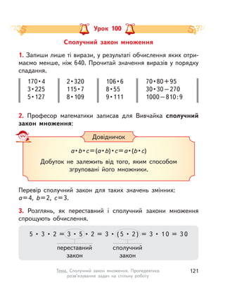 Сполучний закон множення
Урок 100
2. Професор математики записав для Вивчайка cполучний
закон множення:
Перевір сполучний закон для таких значень змінних:
a=4, b=2, c=3.
Довідничок
a•b•c=(a•b)•c=a•(b•c)
Добуток не залежить від того, яким способом
згруповані його множники.
170•4
3•225
5•127
2•320
115•7
8•109
106•6
8•55
9•111
1. Запиши лише ті вирази, у результаті обчислення яких отри-
маємо менше, ніж 640. Прочитай значення виразів у порядку
спадання.
70•80+95
30•30–270
1000–810:9
3. Розглянь, як переставний і сполучний закони множення
спрощують обчислення.
5 • 3 • 2 = 3 • 5 • 2 = 3 • ( 5 • 2 ) = 3 • 1 0 = 3 05 • 3 • 2 = 3 • 5 • 2 = 3 • ( 5 • 2 ) = 3 • 1 0 = 3 05 • 3 • 2 = 3 • 5 • 2 = 3 • ( 5 • 2 ) = 3 • 1 0 = 3 05 • 3 • 2 = 3 • 5 • 2 = 3 • ( 5 • 2 ) = 3 • 1 0 = 3 05 • 3 • 2 = 3 • 5 • 2 = 3 • ( 5 • 2 ) = 3 • 1 0 = 3 05 • 3 • 2 = 3 • 5 • 2 = 3 • ( 5 • 2 ) = 3 • 1 0 = 3 05 • 3 • 2 = 3 • 5 • 2 = 3 • ( 5 • 2 ) = 3 • 1 0 = 3 05 • 3 • 2 = 3 • 5 • 2 = 3 • ( 5 • 2 ) = 3 • 1 0 = 3 05 • 3 • 2 = 3 • 5 • 2 = 3 • ( 5 • 2 ) = 3 • 1 0 = 3 05 • 3 • 2 = 3 • 5 • 2 = 3 • ( 5 • 2 ) = 3 • 1 0 = 3 05 • 3 • 2 = 3 • 5 • 2 = 3 • ( 5 • 2 ) = 3 • 1 0 = 3 0
переставний
закон
сполучний
закон
121Тема. Сполучний закон множення. Пропедевтика
розв’язування задач на спільну роботу
 